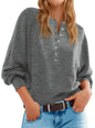 Women's Solid Color Knitted Button Loose Lantern Sleeve V-neck Sweater