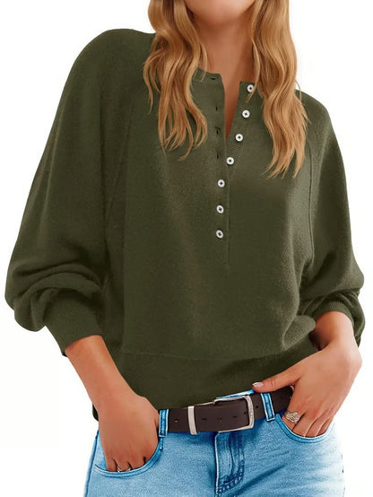 Women's Solid Color Knitted Button Loose Lantern Sleeve V-neck Sweater