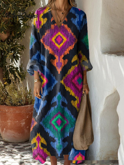 Women's Digital Printed Wide V-neck Dress