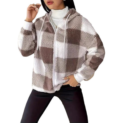 Elegant Plaid Loose Casual Long Sleeves Hooded