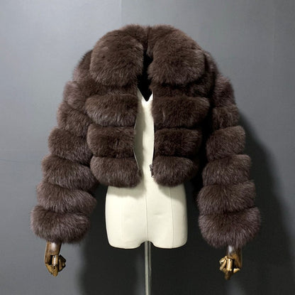 Women's Fur Coat Fox Fur Stitching Short Lapel Long Sleeve Coat