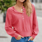Women's Solid Color Knitted Button Loose Lantern Sleeve V-neck Sweater
