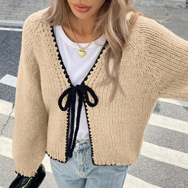 Lace-up Sweater Solid Color Loose Long Sleeves Jacket