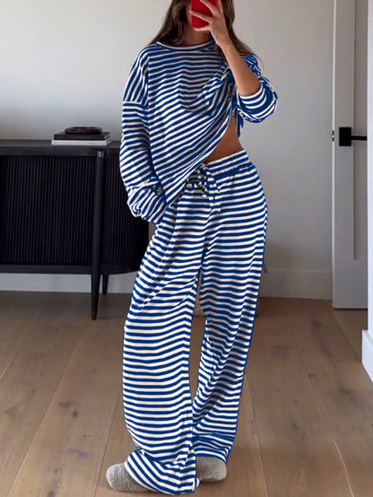 Loose-fitting Striped Long Sleeves Trousers Homewear