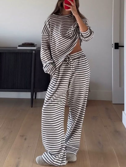 Loose-fitting Striped Long Sleeves Trousers Homewear