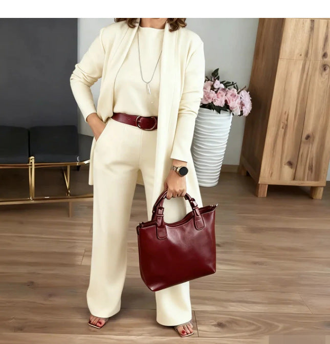 Round Neck Long Sleeve Top Belt Comfortable Blouse And Pants