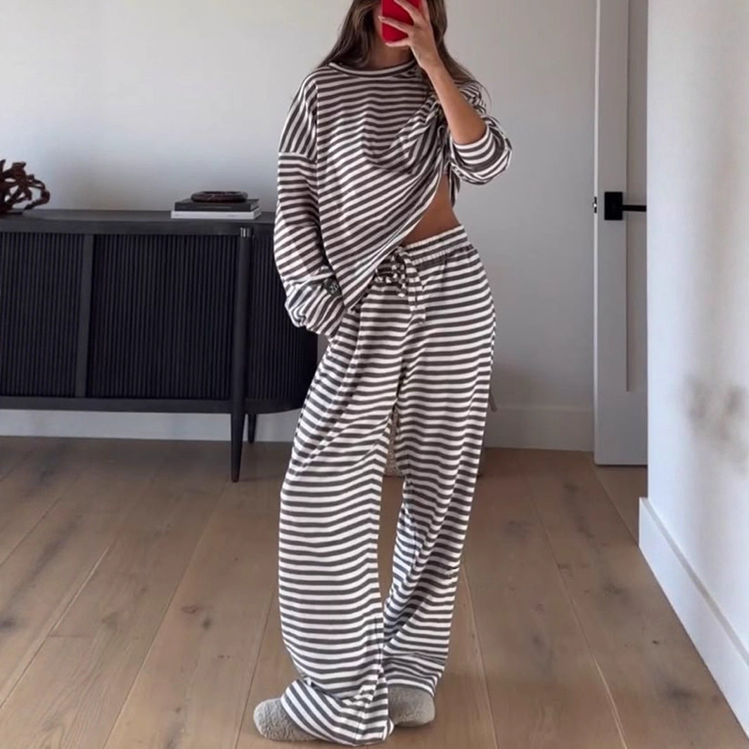 Loose-fitting Striped Long Sleeves Trousers Homewear