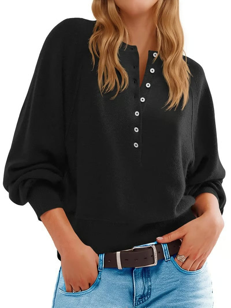 Women's Solid Color Knitted Button Loose Lantern Sleeve V-neck Sweater