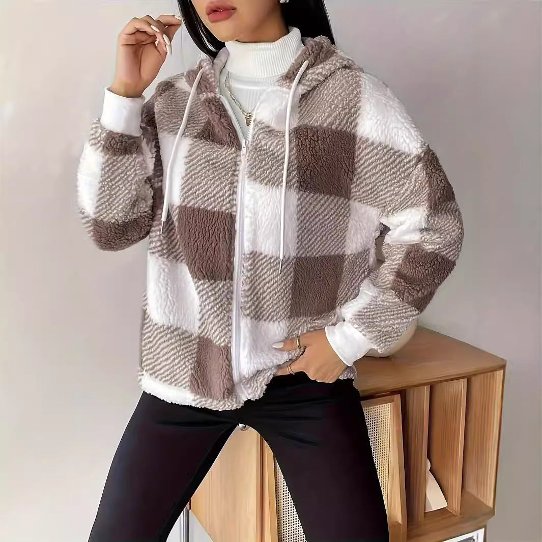 Elegant Plaid Loose Casual Long Sleeves Hooded