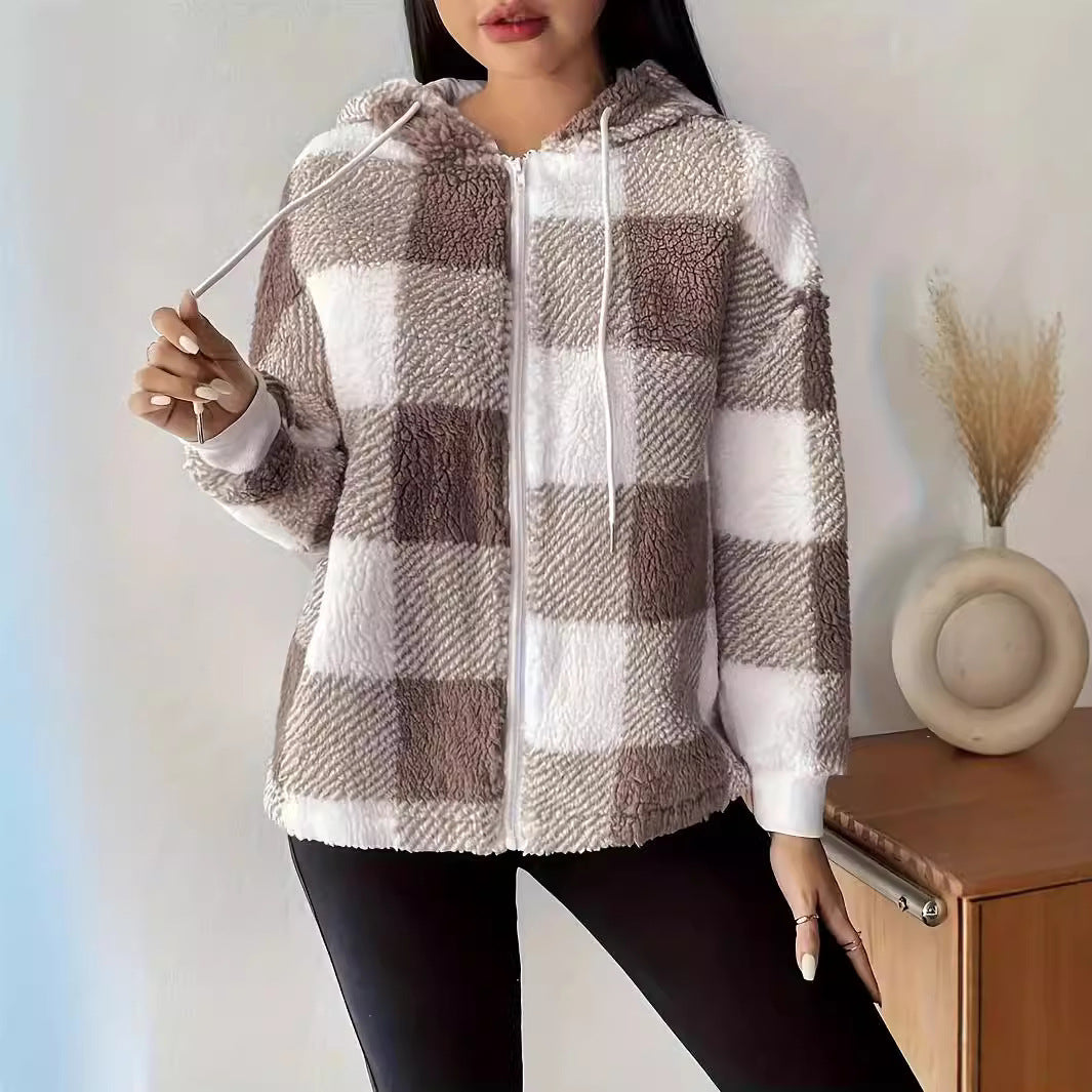 Elegant Plaid Loose Casual Long Sleeves Hooded