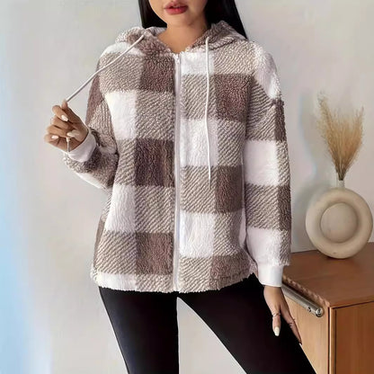 Elegant Plaid Loose Casual Long Sleeves Hooded