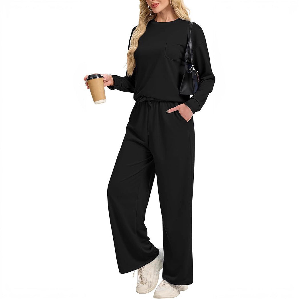 Knitted Long-sleeved Top Casual Wide-leg Trousers Suit