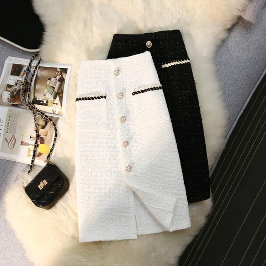 High Waist Slimming Breasted Pocket A- Line Slit Skirt